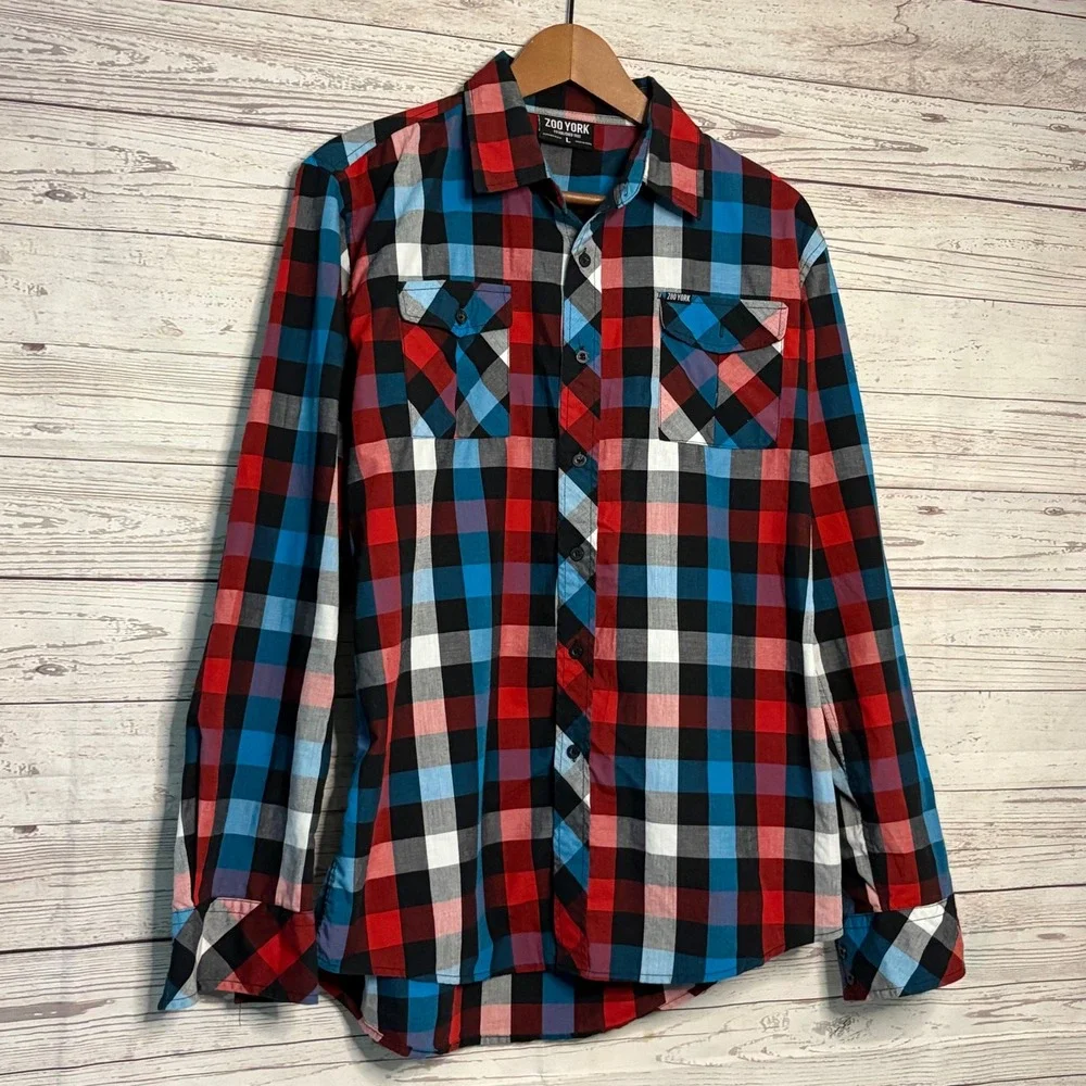 Zoo York Mens Plaid Button Down Shirt Long Sleeve Red Blue‎ Black Large